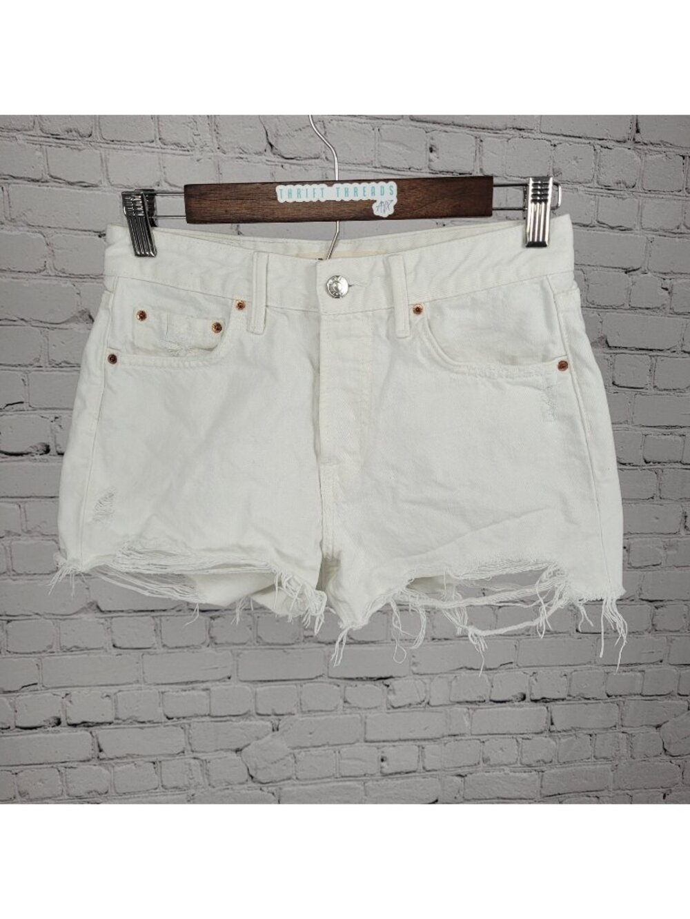 GRLFRND White The Helena Distressed Denim High Rise Cut Off Shorts USA 24